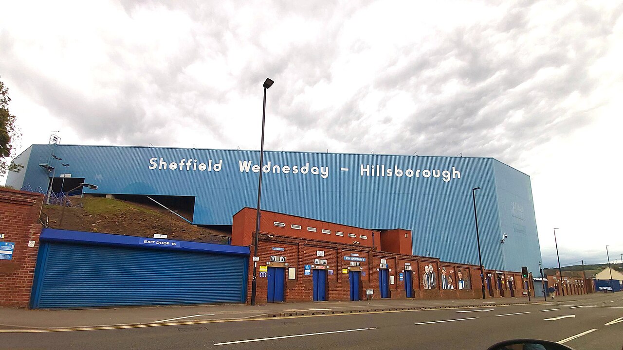 Sheffield Wednesday and Hillsborough lettering above the stadium entrance.